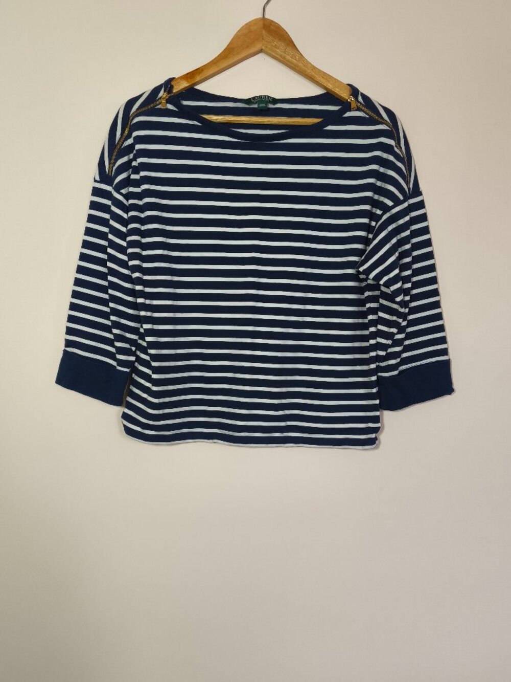 Lauren Ralph Lauren 100% Cotton Striped Boxy Fit Zipper Accent Top sz L Navy